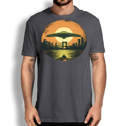 Brooklyn Bridge UFO Alien Space Funny UFO T-shirt - Novelty NY Tee Shirt - Picture 6 of 42