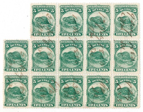 99c START! Canada, Quebec QR5 5c Revenue Stamps, 1870 Beaver, used block of 14