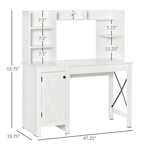 HOMCOM Computer Desk 47.25"x19.75"x53.75" White Wooden w/ Hutch Cabinet Indoor - Picture 5 of 10