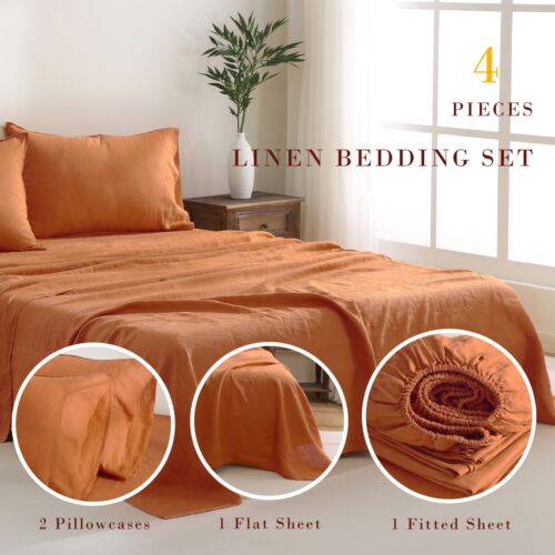 100% France Linen Sheets 4 Pcs Set 1 Flat Sheet 1 Fitted Sheet 2 Pillowcases - Picture 9 of 61