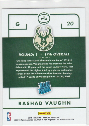 2015-16 Panini Donruss Rashad Vaughn #214 Rated Rookie 2 Card Lot - Picture 6 of 6