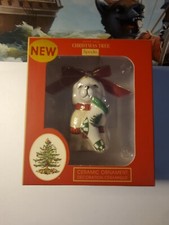 SPODE CHRISTMAS TREE WHITE DOG W/STOCKING IN MOUTH CERAMIC ORNAMENT NEW IN BOX