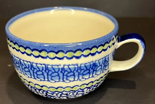 Handmade Wiza Polish Pottery Coffee Tea Cup Mug Blue Green Latte Cappuccino