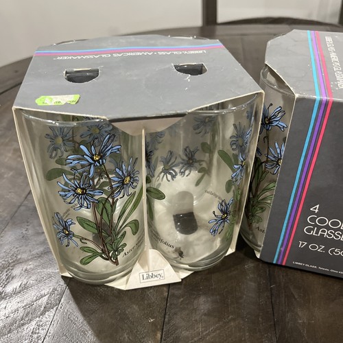 Vintage Set of 8 Libbey 6” Blue Aster Flower Tumbler Glasses on Clear NOS - Picture 6 of 7
