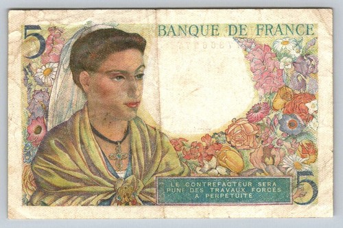 FRANCE 1943 5 FRANCS BANKNOTE P98a CHOICE VERY FINE - Picture 2 of 2