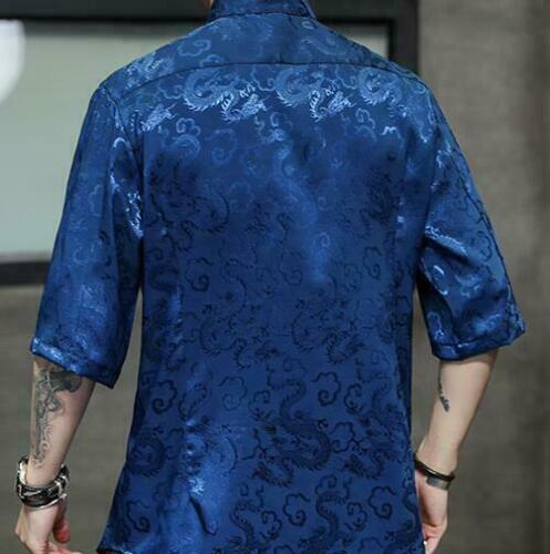 Mens Silk Shirt Short Sleeve Slim Fit Chinese Style Stand Collar Tang Suit Tops - Picture 6 of 13