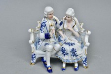 Vintage Porcelain Figurine Couple On Bench Blue White Gold Romantic Scene