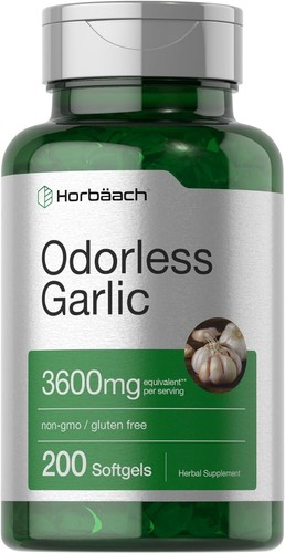 Horbäach Odorless Garlic Softgels 3600 mg | 200 Count | Ultra Potent Garlic...  - Picture 1 of 8