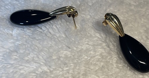 Orecchini pendenti oro giallo 14 kt goccia nera onice goccia 1” gioielli vintage 14kt - Foto 4 di 16