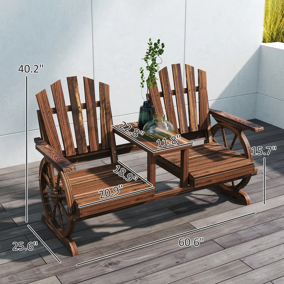 Outsunny Wooden Garden Bench with Table, 2-Seat Outdoor Bench, Carbonized - Image 3 of 4