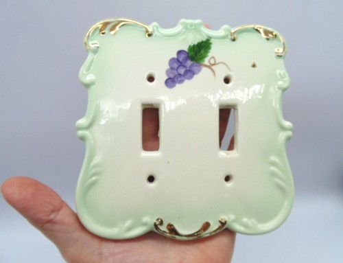 VTG PORCELAIN Cream/ Mint Green DOUBLE Switch Plate Cover w/ Hand Painted Grapes