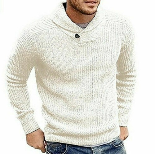 Herren Schalkragen Pullover Pulli Slim Fit Freizeit Knopf Zopfmuster Sweater - Bild 9 von 12