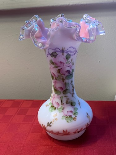 Vintage Fenton Peach Crest 8" Vase Charleton Hand Painted Decoration Pink Roses - Picture 7 of 18