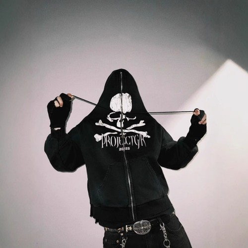 Grailz 25ss dark style skull print washed zipper gloves Unisex hooded sweatshirt - Picture 4 of 23