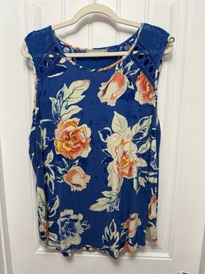 Daniel Rainn Women s XL Blue Floral Sleeveless Top With Sheer Accent (21-3)