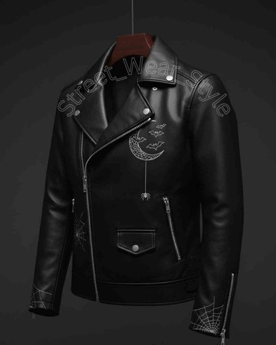 Halloween Hombres Negro Piel de Oveja Cuero Bordado Chaqueta Motociclista Fiesta Ropa Chaqueta - Imagen 3 de 5