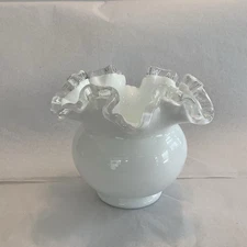 Vintage Fenton Silver Crest Milk Glass Ruffled Crimped Vase Bowl