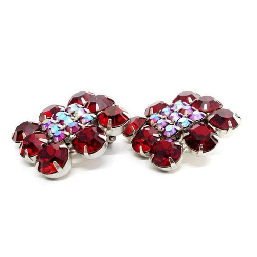 Square Red Rhinestone Clip On Earrings AB Iridescent MCM Vintage 60s Silver Tone - Picture 5 of 10