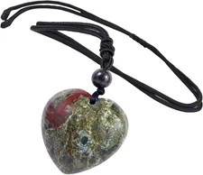 Carved Stone Heart Shape Necklace Chakra Quartz Pendant with Cord Amulet Healing