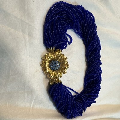 Blue Multi-Strand Seed Bead Statement Necklace Gold Tone Flower Box Clasp