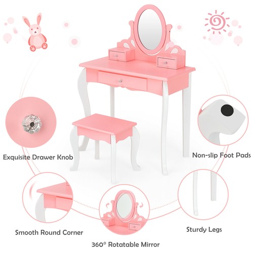 Kids Vanity Princess Makeup Dressing Table Stool Set W/ Mirror Drawer Pink - Picture 9 of 9