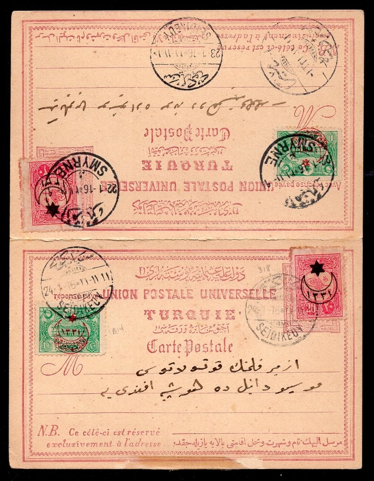 Tarjeta postal mejorada TURQUÍA Smyrne 1916 con respuesta, sobreimpresiones de media luna Foto 2 de 3