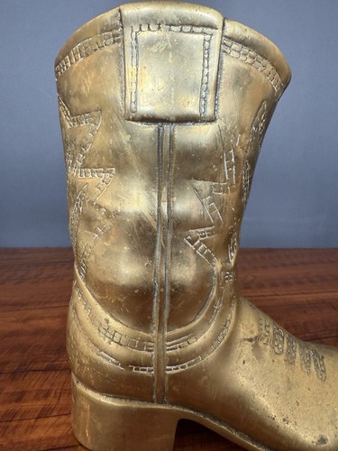 Solid Brass Patinaed Cowboy Boot 9.5” Vintage Display Piece Unique Decor - Picture 10 of 12