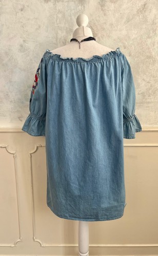 DENIM & CO Blue Chambray Denim Floral Embroidered Boho Summer Blouse Top 12 - Picture 4 of 6