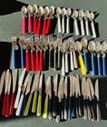 Retro Silverware Plastic Handle Forks Knives Spoon Variety Colors 57 Pcs