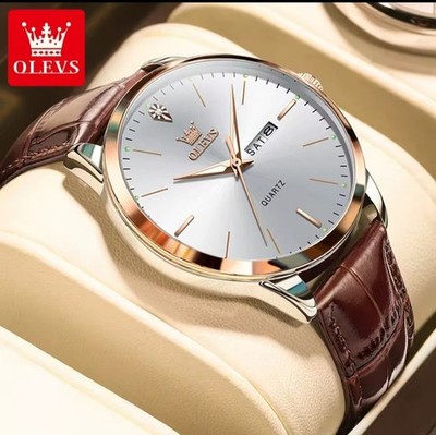 OLEVS Men's Watch Quartz Waterproof Brown Leather Band White dial gold bezel 
