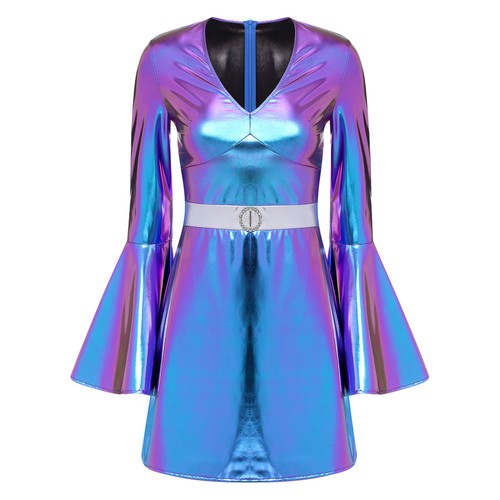 Women's Shiny Metallic 70s Disco Dress V Neck Flared Sleeves Halloween Costumes - Picture 14 of 74