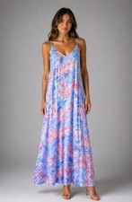 Nicole Miller Tropical Palm Leaf Maxi Slip Dress Pastel Blue & Pink Size Large