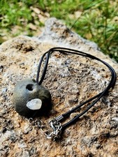 Hand Crafted Natural Hag Stone Necklace with Sparkling Seaglass Bead. Unique. UK