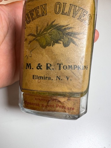 Antico vaso bottiglia etichetta TOMPKINS 1890 olive oliva Elmira New York NY - Foto 6 di 24