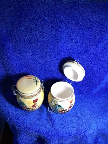 Vintage En Provence Keramik Hahn Motiv Druckknopfverschluss Deckel Kanister, 2er Set - Bild 7 von 8