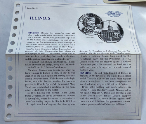Franklin Mint Sterling Silver State Medal ILLINOIS 500 grains= 1.143 oz - Picture 3 of 3