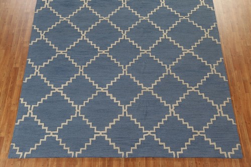 Moroccan Trellis Blue/ Ivory Contemporary Area Rug 9x12 Hand-Tufted Wool Carpet - Picture 5 of 12