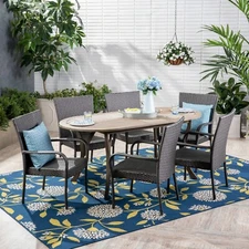Ford Outdoor 7 Piece Wood and Wicker Dining Set, Gray Finish and Gray