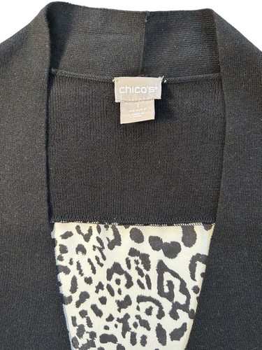 CHICOS Cardigan Sweater Size 1 SMALL Animal Print Woven Back Black Open Front - Picture 3 of 9