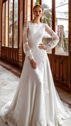 Wedding Dress Flower Applique A Line Scoop Neck Long Sleeve Lace Backless Train - Picture 3 of 10