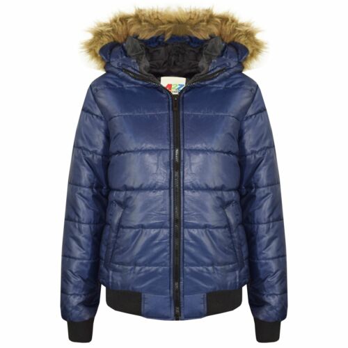 Boys Girls Jackets Kids Navy Maya Faux Fur Hooded Padded Puffer Coats 5-13 Years - Picture 1 of 9