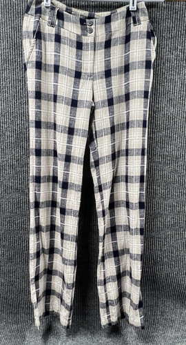 H&M Linen Blend Pant Women Size 2 Blue Plaid Beach Summer Travel Lounge 28x32