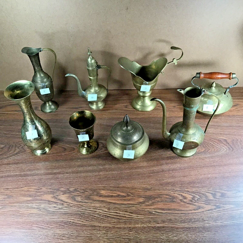 8 Pieces Solid BRASS (Vintage At Least) India Pitchers Vases Bowls Teapot Lids - Picture 3 of 15