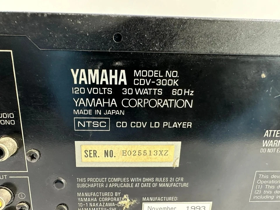 Reproductor de discos láser Yamaha CDV-300K sonido natural CD CDV LD *LEER* Foto 3 de 4