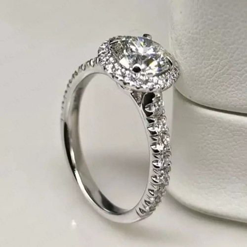 2.25TCW Round Brilliant Moissanite Halo Proposal Engagement Ring Platinum Plated - Picture 8 of 9