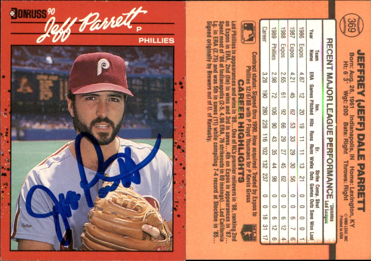 Jeff Parrett Signed 1990 Donruss #369b Card Philadelphia Phillies Auto AU