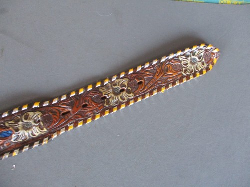 Vtg 70s Style Leather Hippie Belt with Tooling Flowers & ELTON Stamped On It - Picture 9 of 10