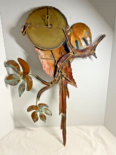 Vintage Large Gold Copper Orange Metal Wall Hanging Parrots in Tree 25" x 21" - Picture 7 of 9
