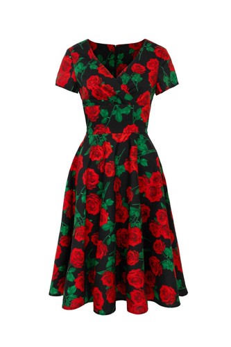 Dolce Vita Dress Hell Bunny XL-6XL 16-26 Black Red Roses Floral 50s Swing - Picture 4 of 12