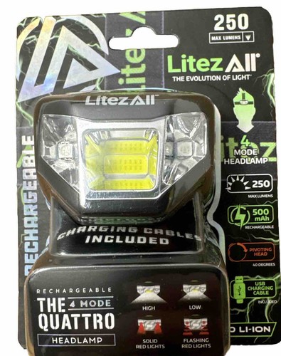 LitezAll Rechargable LED 1 Pack Headlamp Task Light 4 MODE Quattro 250 Lumen NEW - Picture 1 of 2